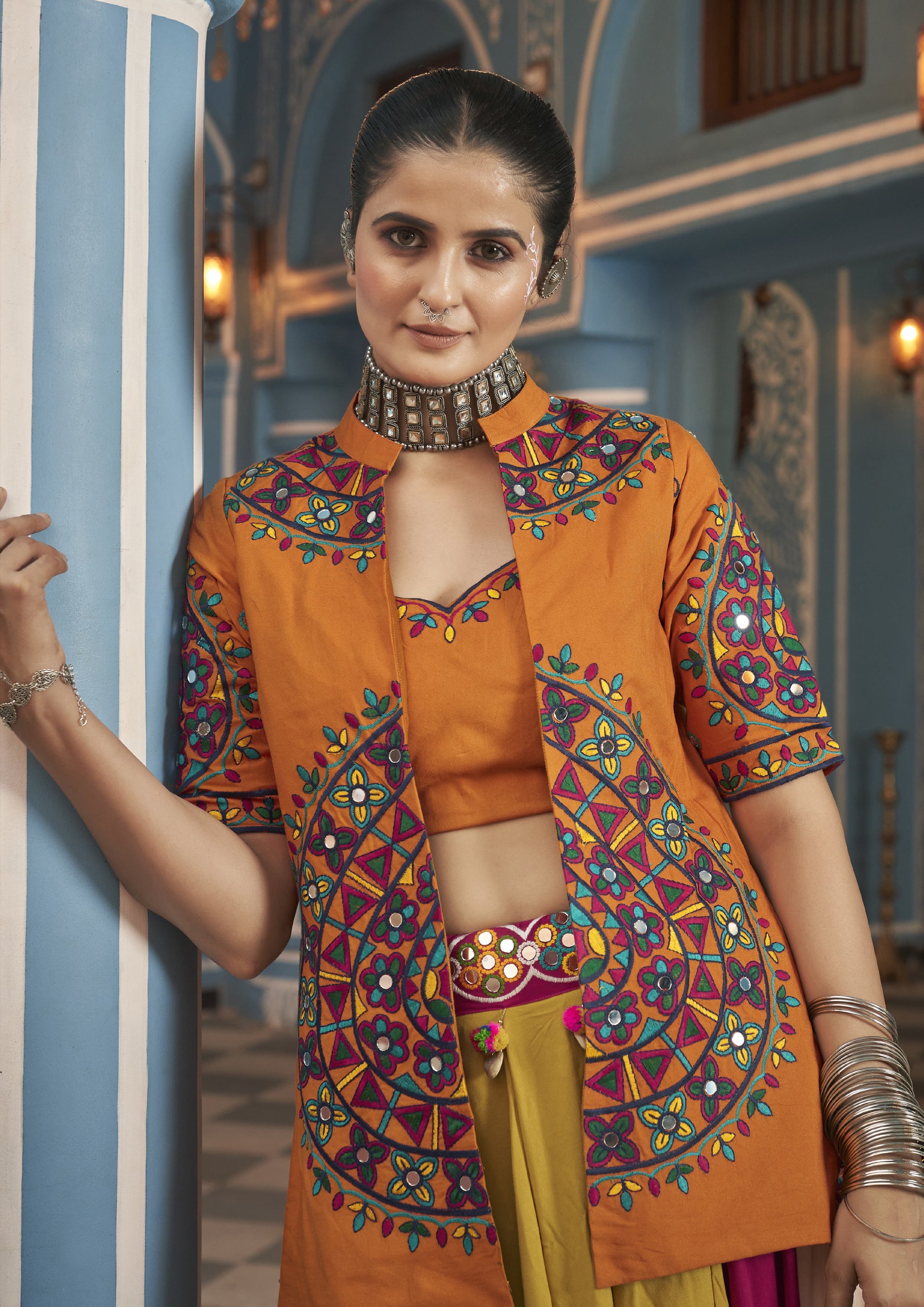 Multi Color Viscose Rayon Embroidered Navratri Lehenga With Jacket